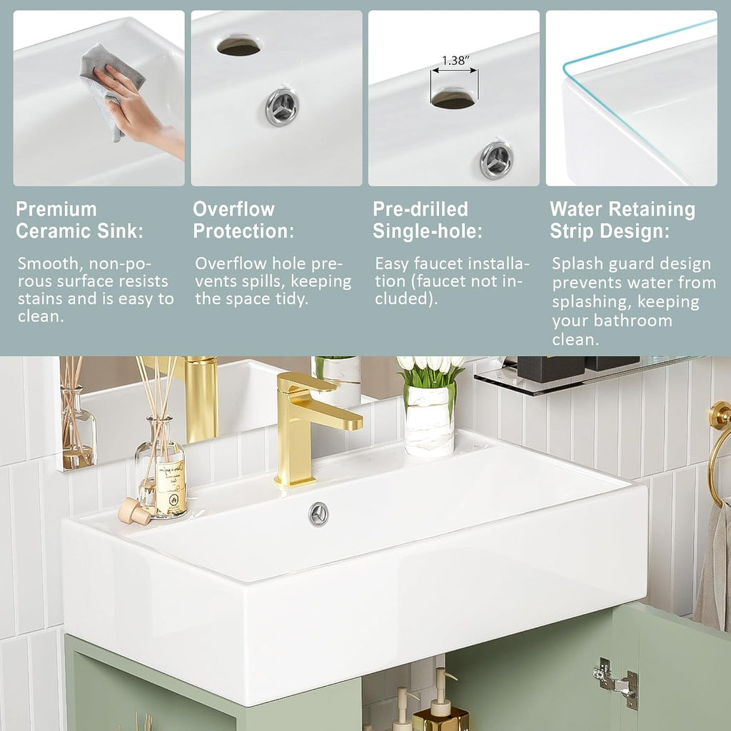Merax 21.6' Bathroom Vanity, 21.6 Inch Freestanding Bathroom Vanity with Sink, Modern Vanity Floor Standing with 1 Door and White Ceramic Basin Sink Top, Green