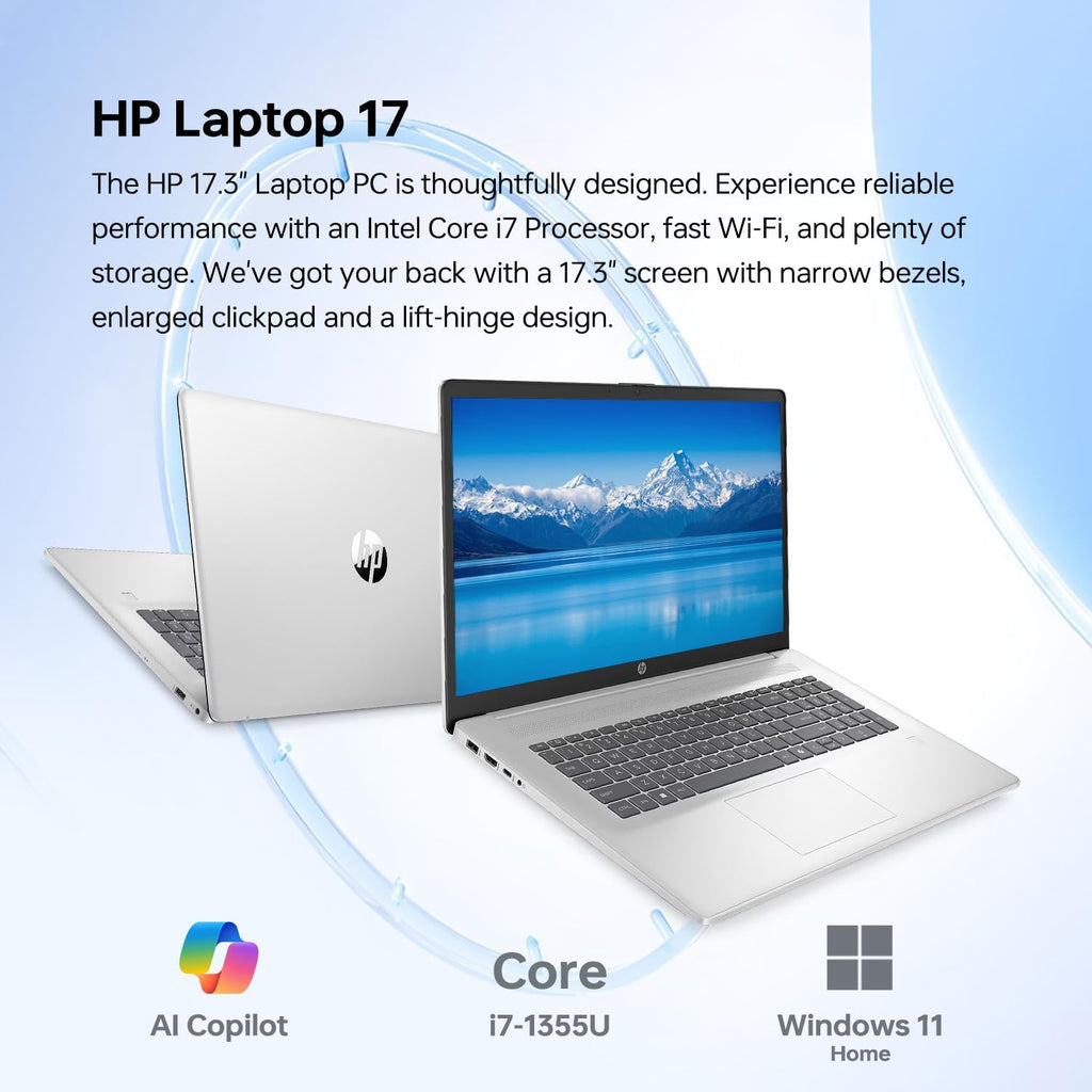 HP Essential 17 Laptop AI PC, 17.3' Touchscreen, Core i7-1355U (10 Cores, up to 5GHz Max Turbo), 16GB RAM, 1TB SSD, Backlit, FP Reader, Wi-Fi 6, Windows 11 Home, Silver, Bundle with PCO Laptop Cooler
