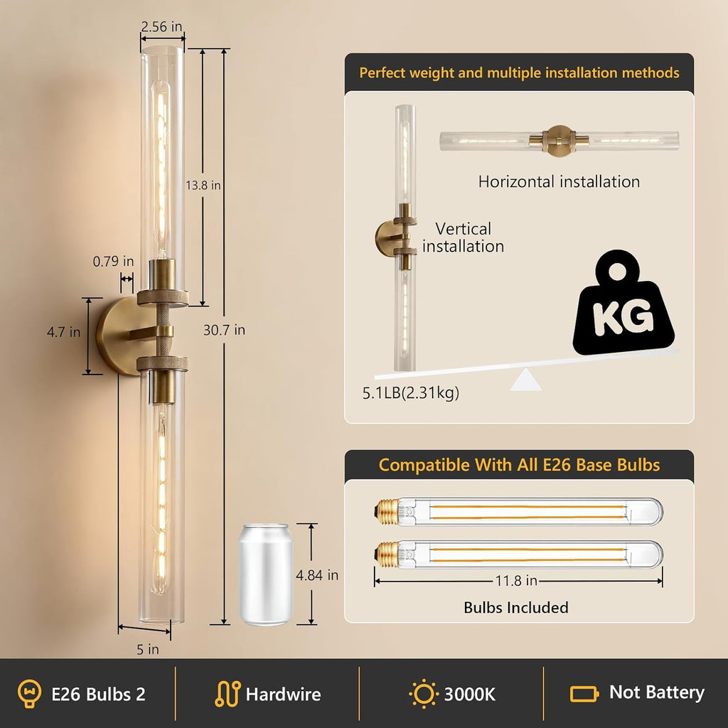 30 inch Bathroom Sconce Hardwired, Modern Bathroom Wall Sconce 2 Lights Vantiy Sconce Bathroom Vanity Light,Brass Sconce for Mirror, Living Room, Bedroom, Hallway (E26 Bulb Included)