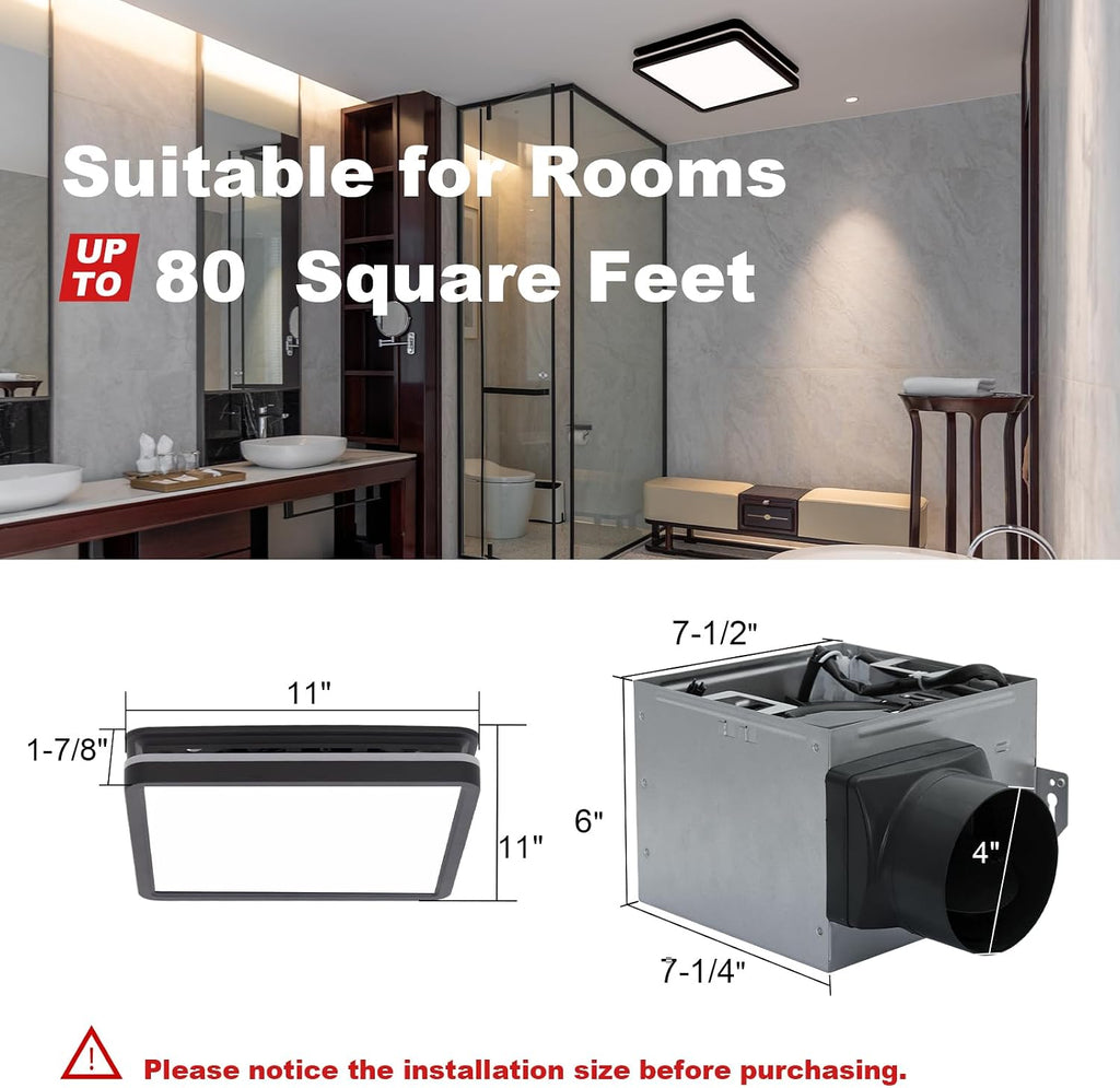 Akicon Bathroom Exhaust Fan with Light, 80CFM 2.0 Sones Powerful Bathroom Fan and Humidity Sensor Switch Combo, 3CCT LED Light and Nightlight Ventilation Fan for Home, Square, Black