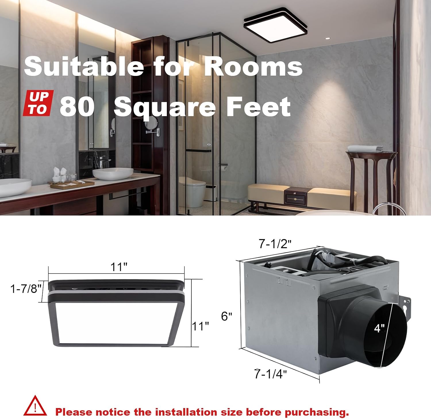 Akicon Bathroom Exhaust Fan with Light, 80CFM 2.0 Sones Powerful Bathroom Fan and Humidity Sensor Switch Combo, 3CCT LED Light and Nightlight Ventilation Fan for Home, Square, Black