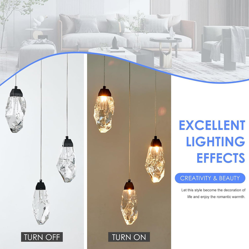 3 Lights Crystal Pendant Light Modern Cluster Chandelier Dimmable Pendant Light Fixture with Black Teardrop Design Stylish Lighting for Kitchen Island, Dining Room, Hallway, Bathroom
