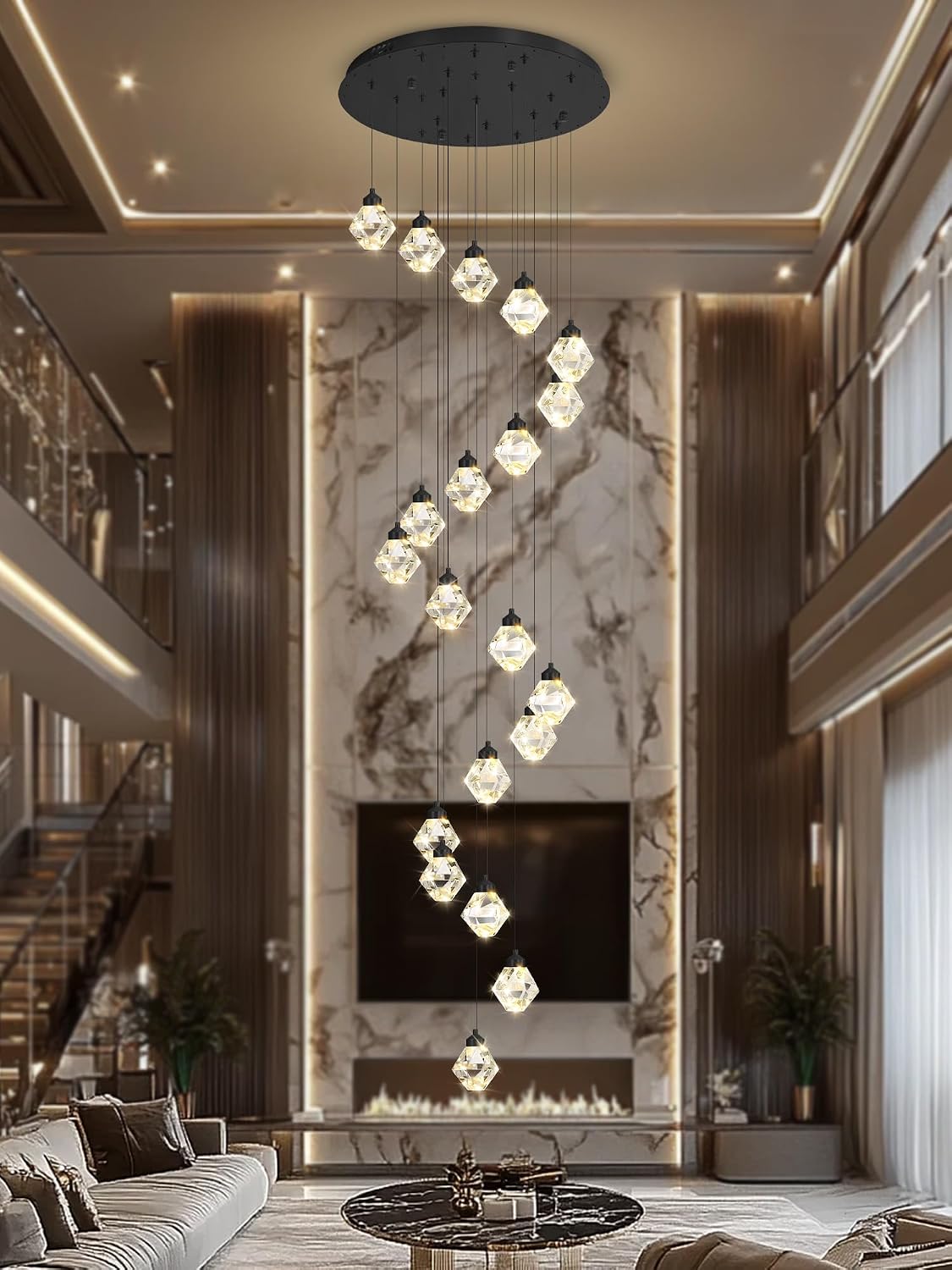 H142 Large Modern Black Crystal Chandelier, 26-Light High Ceiling Pendant Light Fixture for Staircase, Living Room, Foyer, Entryway