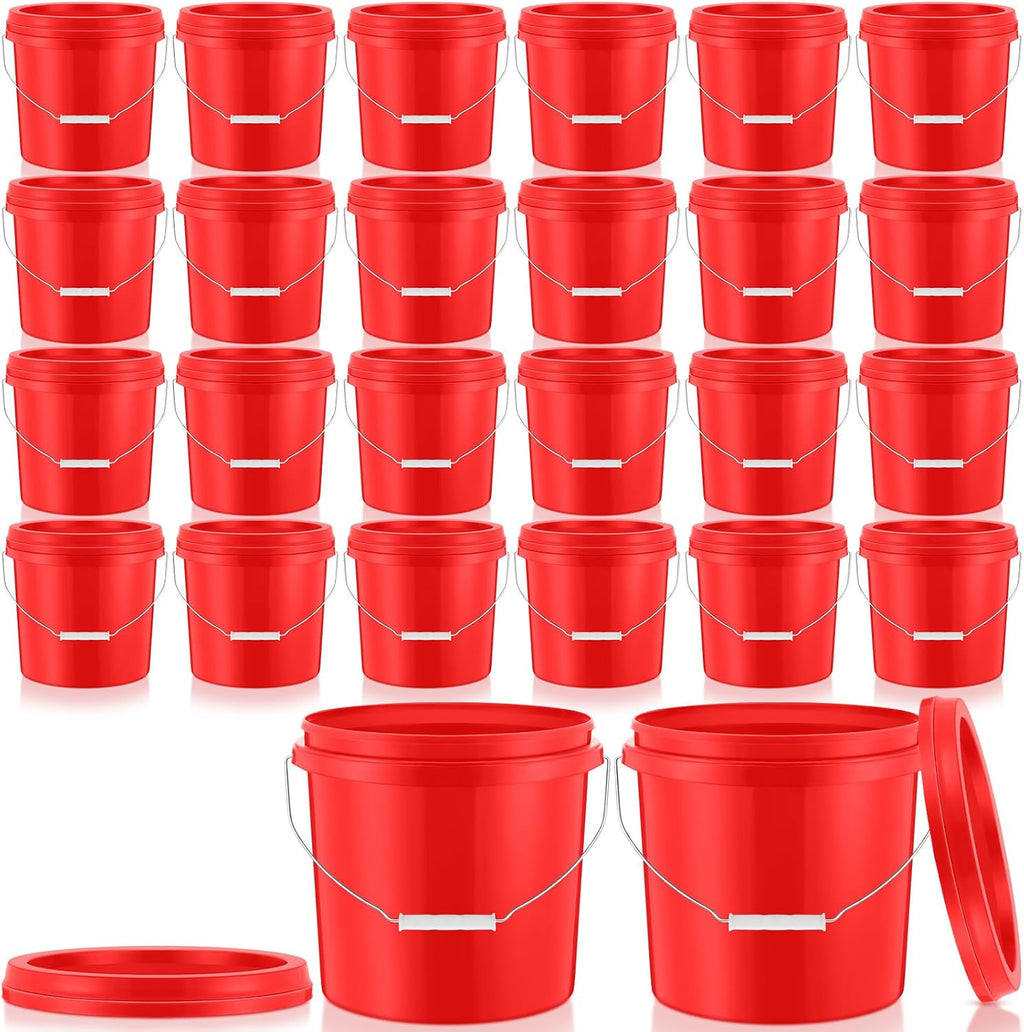 Tioncy 24 Pcs 2 Gallon Plastic Bucket with Lid Heavy Duty 2 Gallon Bucket Pail with Lid Handle for Storage Container Home Household Cleaning (Red)