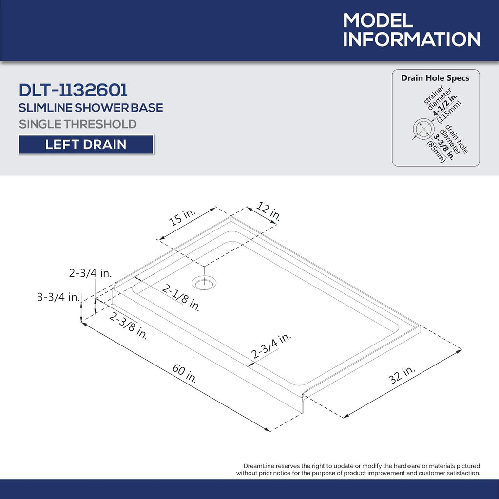 DreamLine SlimLine 32 in. D x 60 in. W x 2 3/4 in. H Left Drain Single Threshold Shower Base in Biscuit, DLT-1132601-22