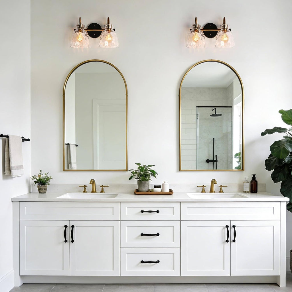 KSANA Modern Bathroom Vanity Lights, 2 Light Vanity Light Fixtures for Bathroom Black and Electroplated Brass Finish Mid-Century Wall Lamps with Water Ripple Glass