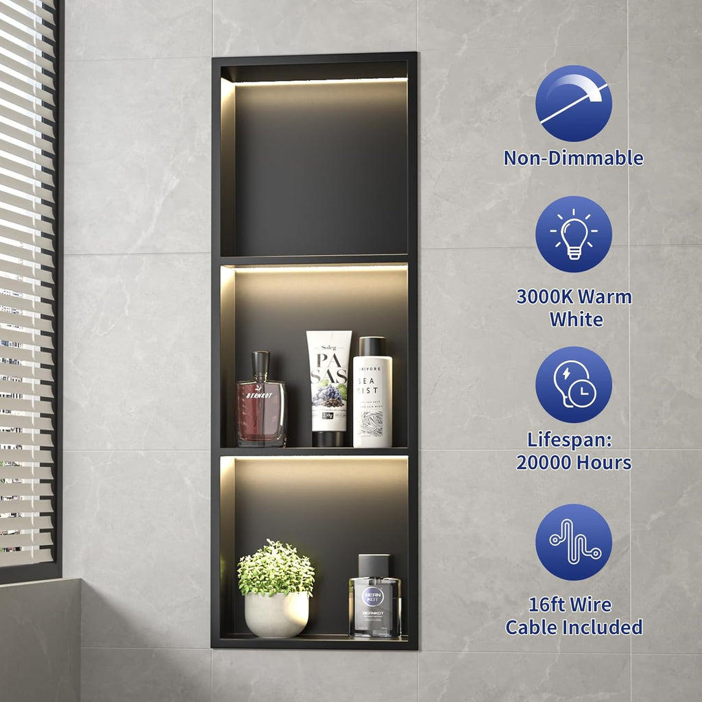 Stainless Steel Led Shower Niche Black 36' X 12' No Tile Needed | Recessed niche matte black w/ 3-tier shelf,Led driver UL listed,vertical niche,non-dimmable,3000K warm light IP66 waterproof