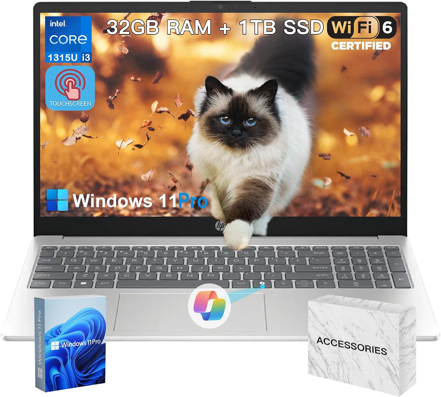 HP 2025 15.6' Touchscreen Laptop - w/Office Lifetime & Win 11 Pro&External DVD Drive, Intel i3 1315U(Up to 4.5GHz), Wi-Fi 6, Copilot AI, HD Touch Display, Long Battery Life, 32GB RAM, 1TB SSD