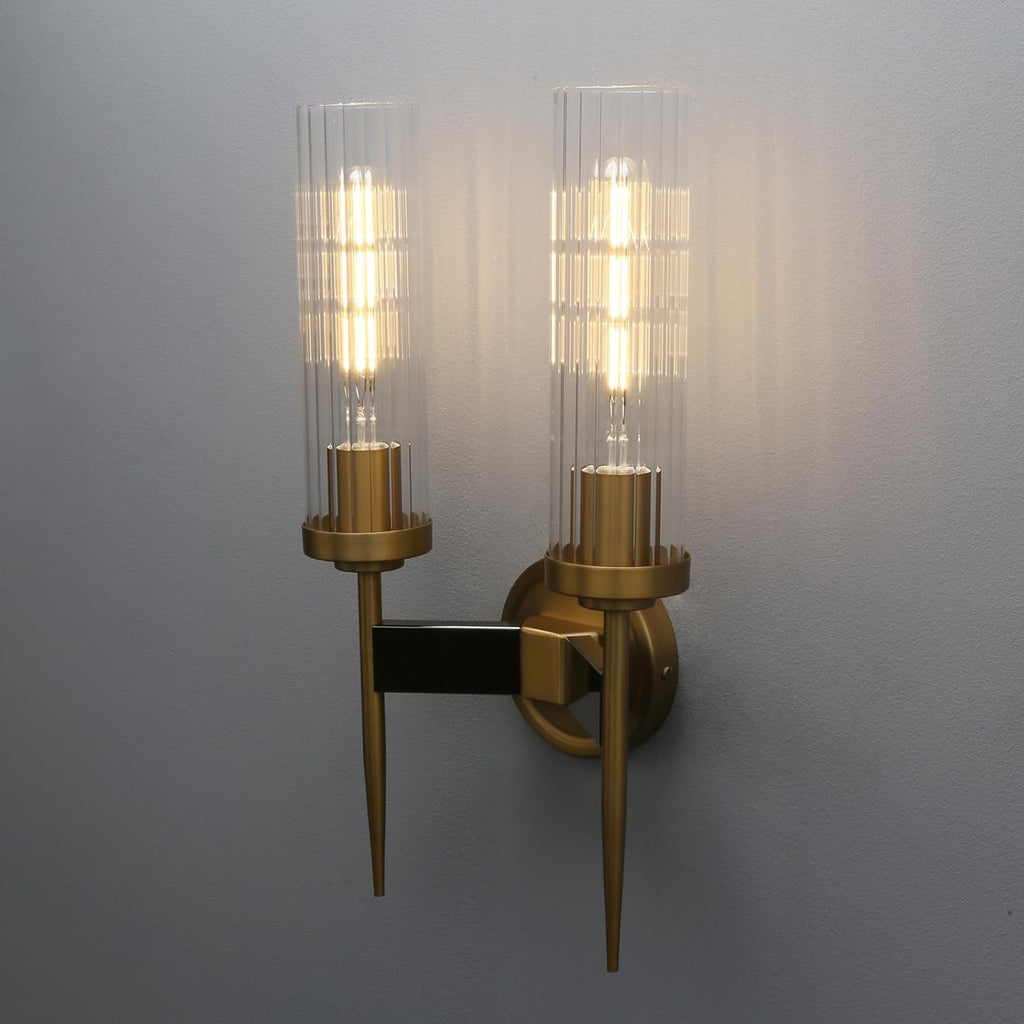 PERMO wall sconces 2 Lights Glod Wall Light Fixtures with 2.8' Cylindrical Clear Glass Shade Brass Double sconces for Living Room Bathroom Corridor Mirror Bedroom