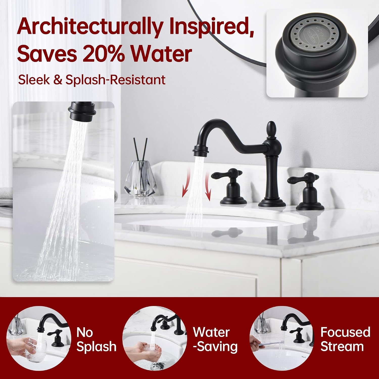 sumerain Matte Black 8 inch Widespread Bathroom Faucet, 2 Handles Vintage Basin Faucet with Swivel Spout
