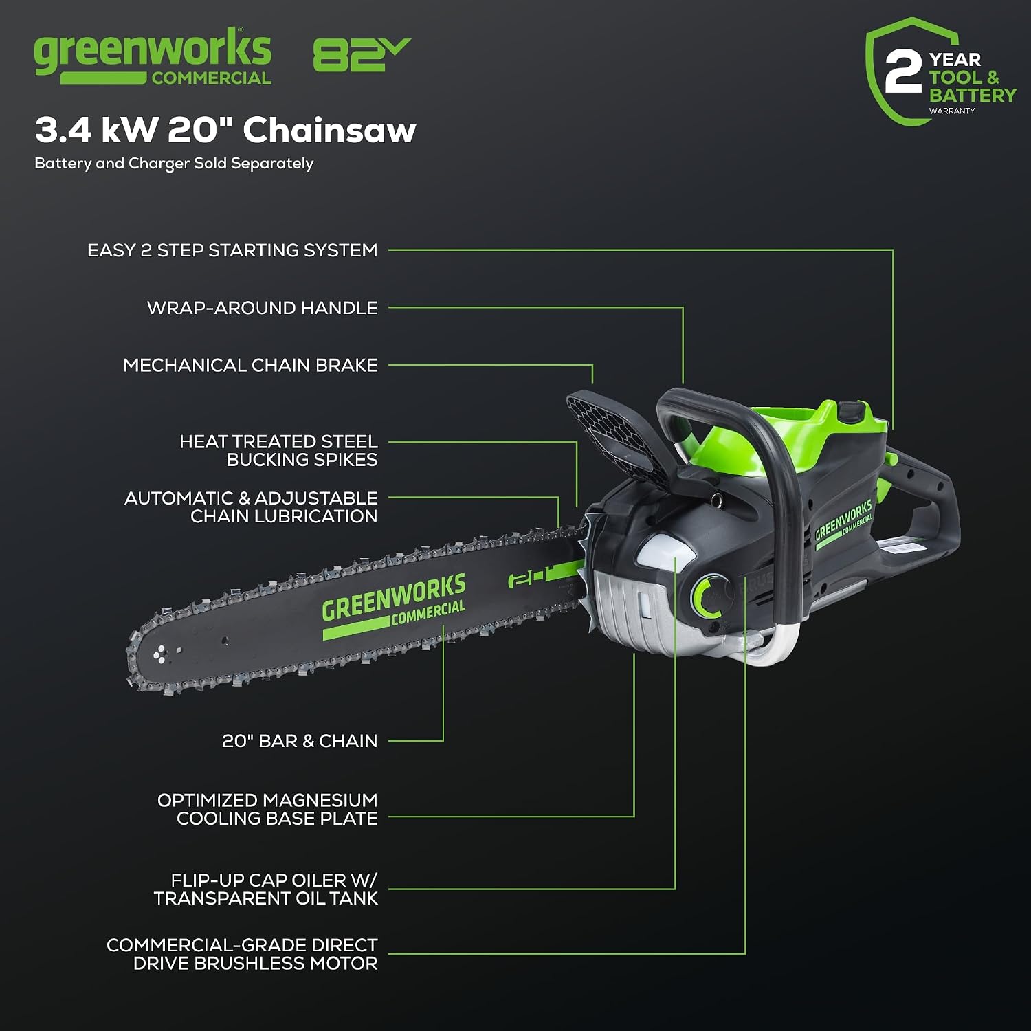 Greenworks 82V 20' Brushless (3.4 kW) Cordless Chainsaw (205 Cuts Per Charge), 4.0Ah Battery and Dual Port Rapid Charger (Great For Landscapers and Professionals)