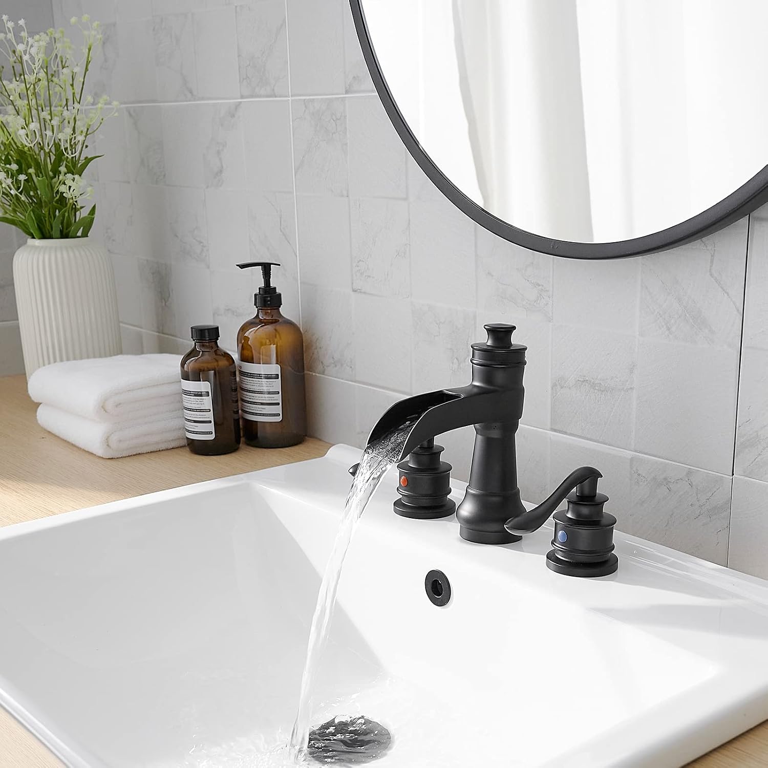 Matte Black Bathroom Faucet 3 Hole or 8 Inch Widespread Tap, 2 Handle Brass Waterfall Faucet for Bathroom Sink 3 Hole Mounted with Pop-up Drain and Supply Line