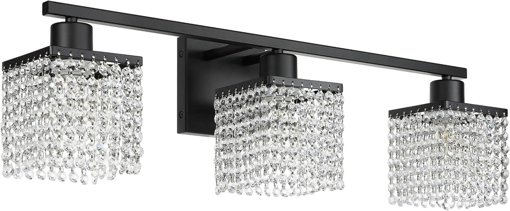XiNBEi Lighting 3-Light Bathroom Vanity Light, Black Bathroom Light Fixtures Over Mirror with K9 Clear Crystal String Shade Modern Crystal Vanity Lights for Bathroom XB-W327-3-MB