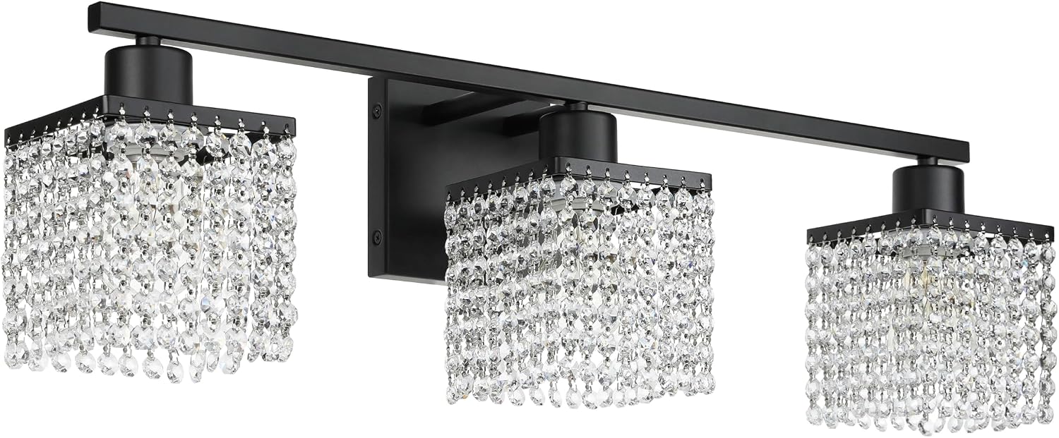XiNBEi Lighting 3-Light Bathroom Vanity Light, Black Bathroom Light Fixtures Over Mirror with K9 Clear Crystal String Shade Modern Crystal Vanity Lights for Bathroom XB-W327-3-MB
