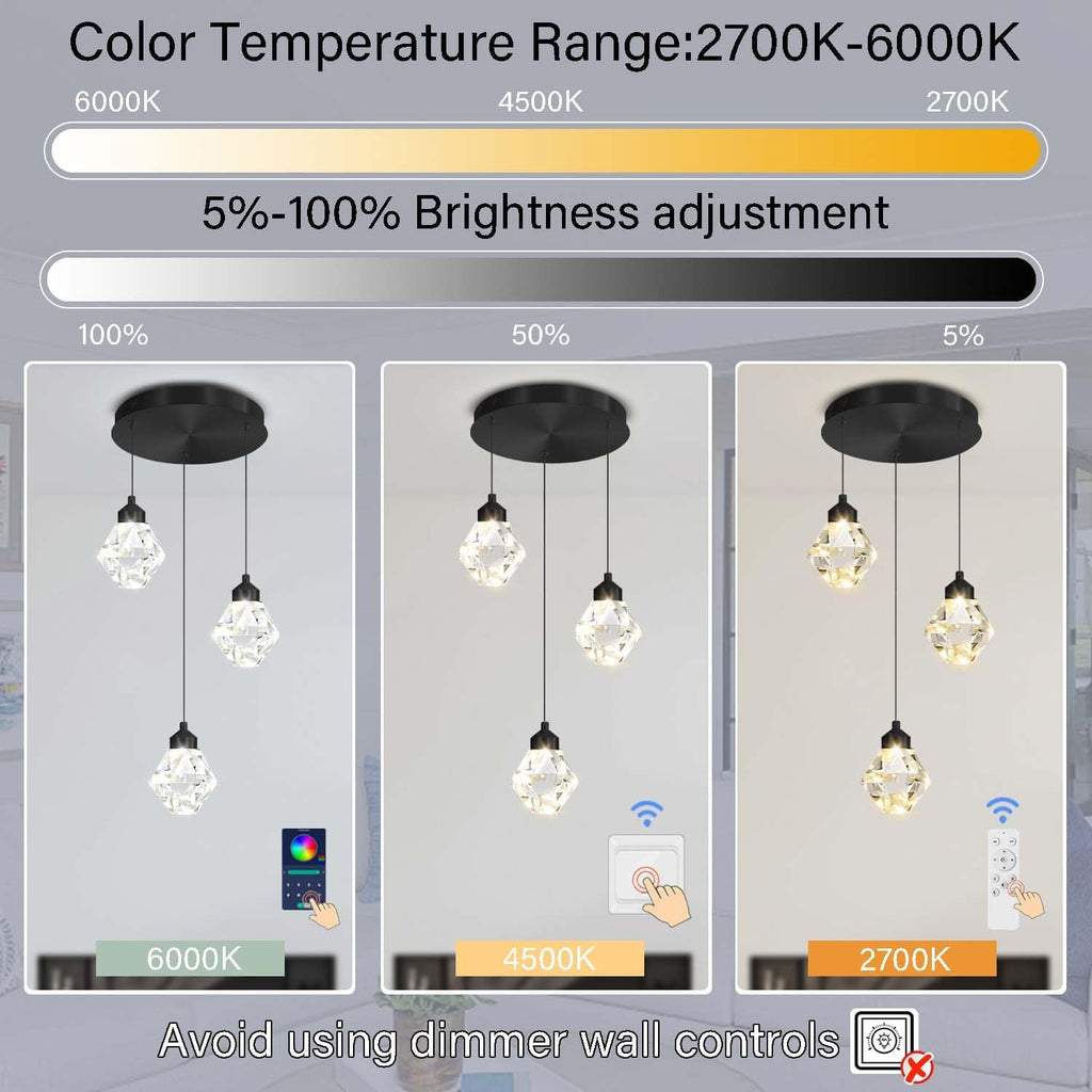 3-Lights Kitchen Island Pendant Lights Black Mini Chandeliers for Dining Room Crystal Pendant Lighting Ceiling Lights for Hallway Foyer Living Room