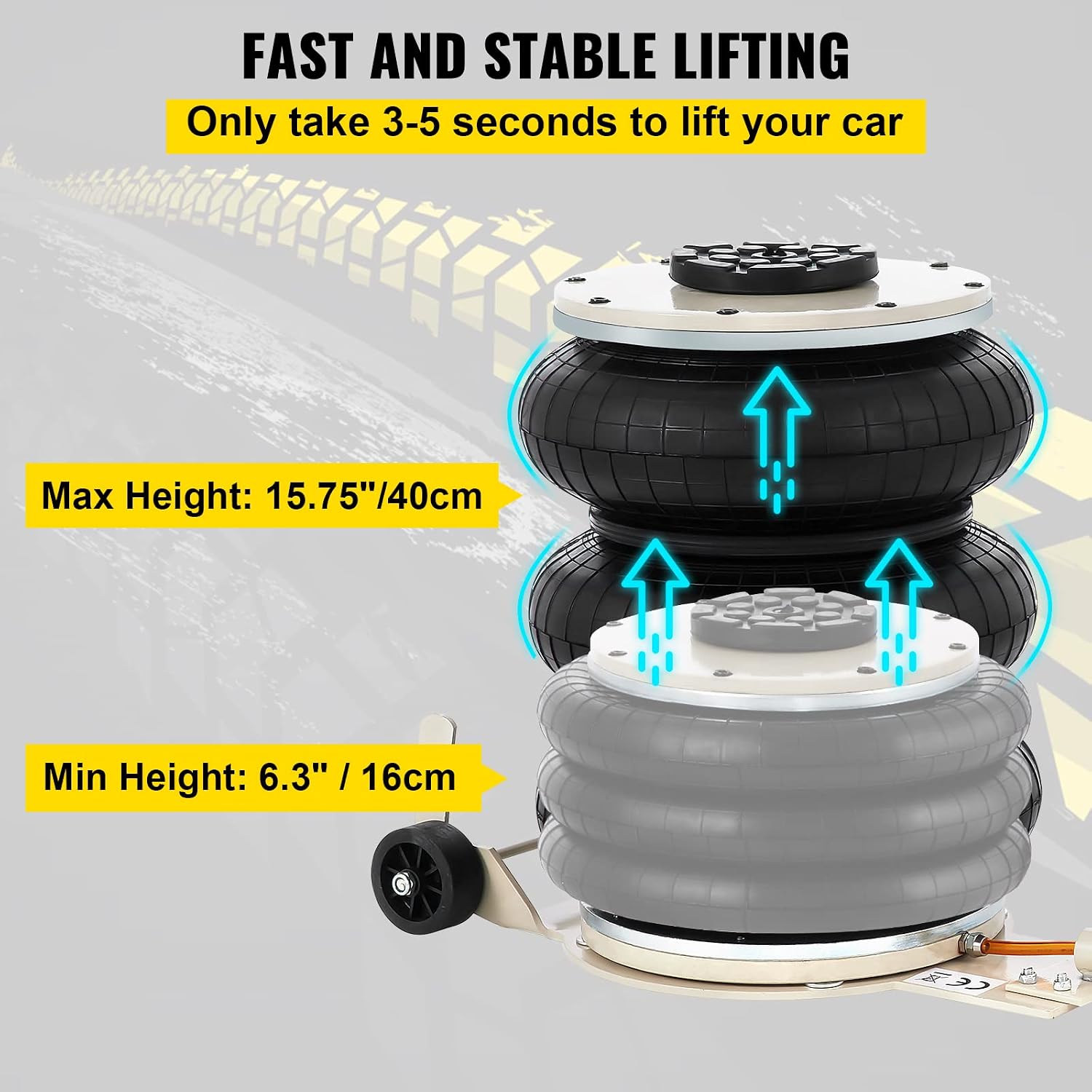 VEVOR 5 Ton/11000 lbs Triple Bag Air Jack, Air Bag Jack Lift Up to 15.75 Inch, 3-5S Fast Lifting, for Cars with Long Handle (Beige)