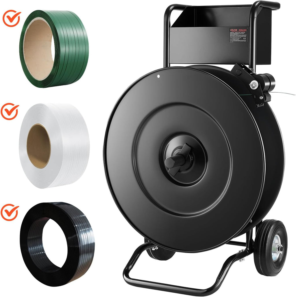 VEVOR Banding Strapping Cart, for PET/PP Coils with 8' or 16' Core, Heavy Duty Strapping Dispenser with Upgrade Drum Brake System, Rubber Wheels and Built-in Spacious Tool Tray, 110 lbs Capacity