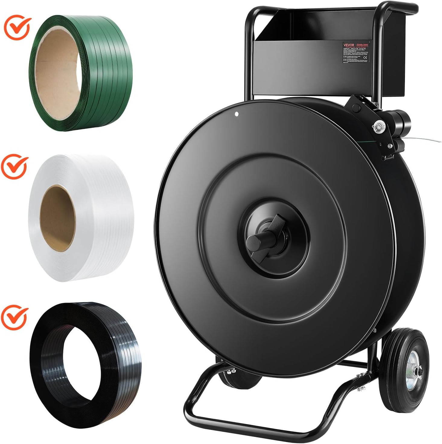 VEVOR Banding Strapping Cart, for PET/PP Coils with 8' or 16' Core, Heavy Duty Strapping Dispenser with Upgrade Drum Brake System, Rubber Wheels and Built-in Spacious Tool Tray, 110 lbs Capacity