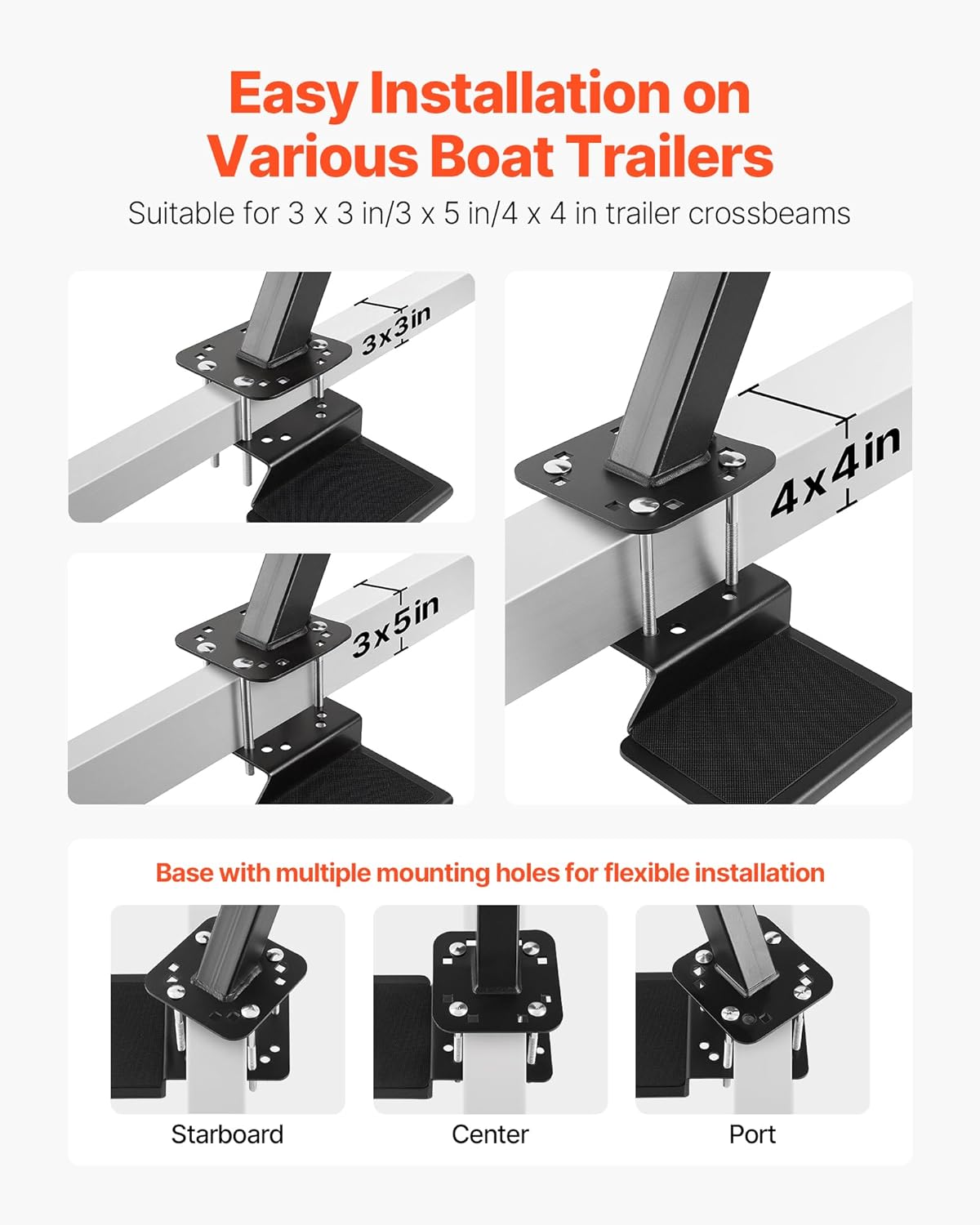 VEVOR Boat Trailer Steps, 4-Step, Heavy-Duty Boat Trailer Steps with Handle, Non-Slip Surface, 3 Mounting Angle Options, Carbon Steel Ladder Suitable for 3' x 3'/3' x 5'/4' x 4' Frame, Bottom Mounting