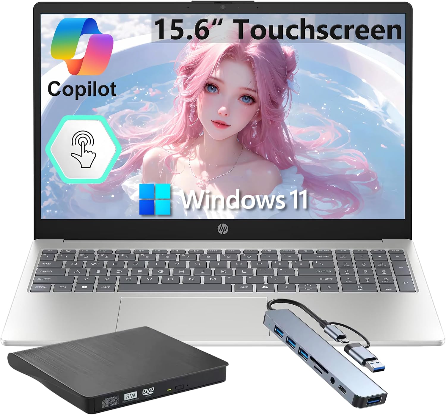 HP 15 Laptop, 15.6' FHD (1920x1080) Touchscreen, Intel Core i5-1334U (>i7-1165), 32GB RAM, 2TB SSD, External DVD Drive & 8-in-1 Hub, Long Battery Life, Wi-Fi 6, Numpad, Fast Charge, Windows 11 Home
