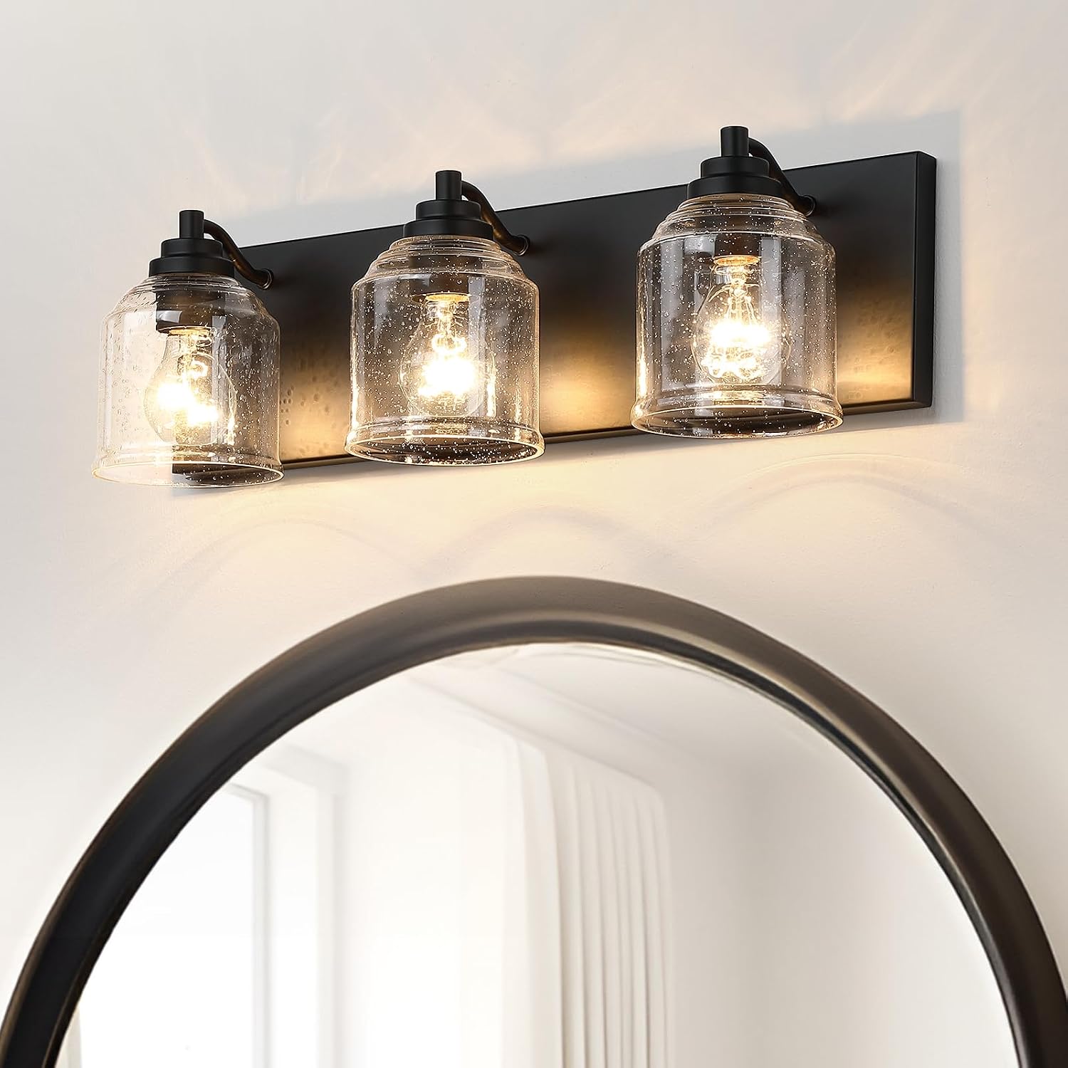3-Light Bathroom Vanity Light Large 23', Farmhouse Rustic Vanity Lights for Bathroom, Black Bathroom Light Fixtures Over Mirror with Bubble Glass Shades, Metal Wall Sconce Home Decor