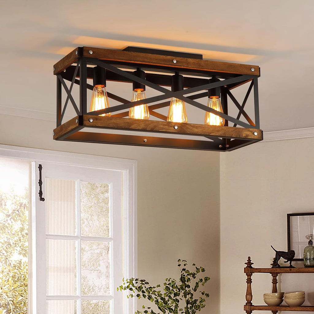 4-Light Large Rustic Farmhouse Wood Flush Mount Ceiling Light Fixture 23.6 inch Oak Wood and Metal Rectangular Track Semi Flush Mount Ceiling Light for Kitchen Living Room Bedroom Indoor, Black