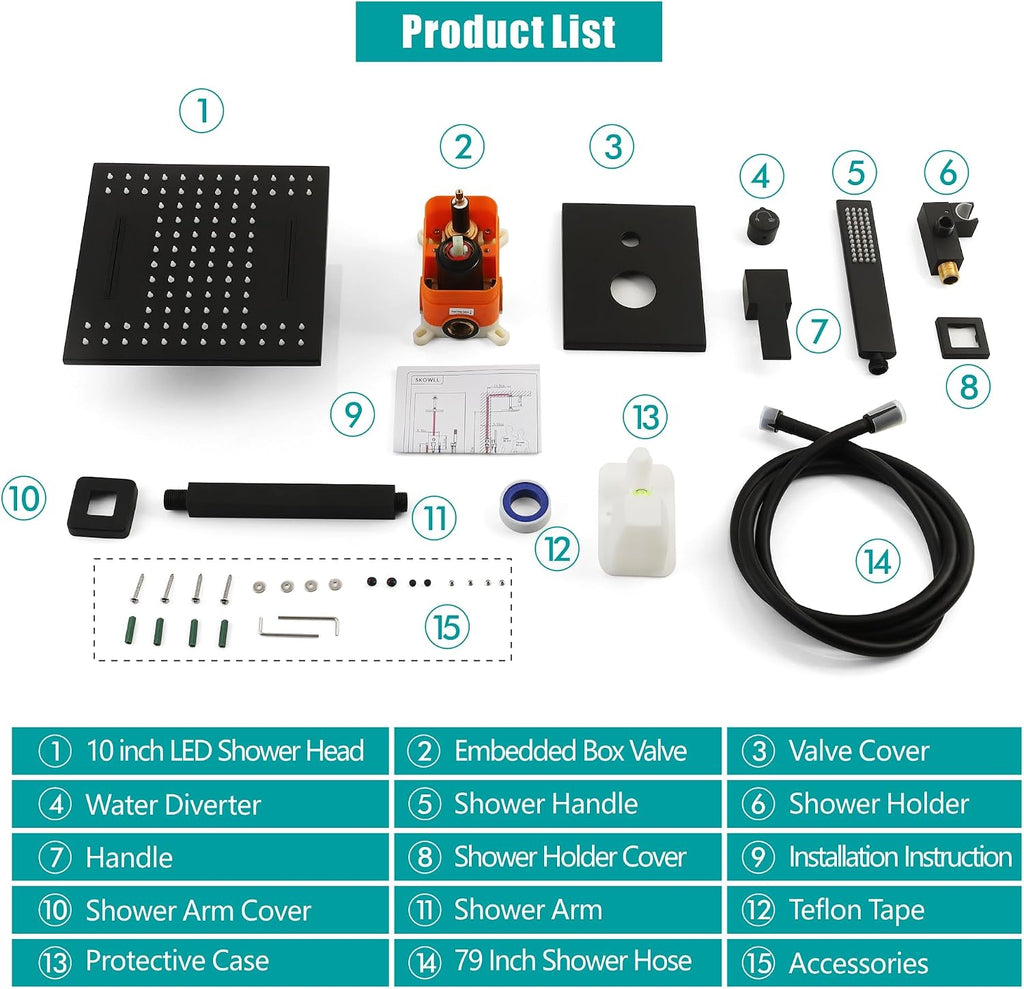 SKOWLL Ceiling Mount Shower System 10 Inch LED Rain Shower Head with Handheld, High Pressure Rainfall Bathroom Shower System Matte Black Shower Faucet Set with Rough in Valve
