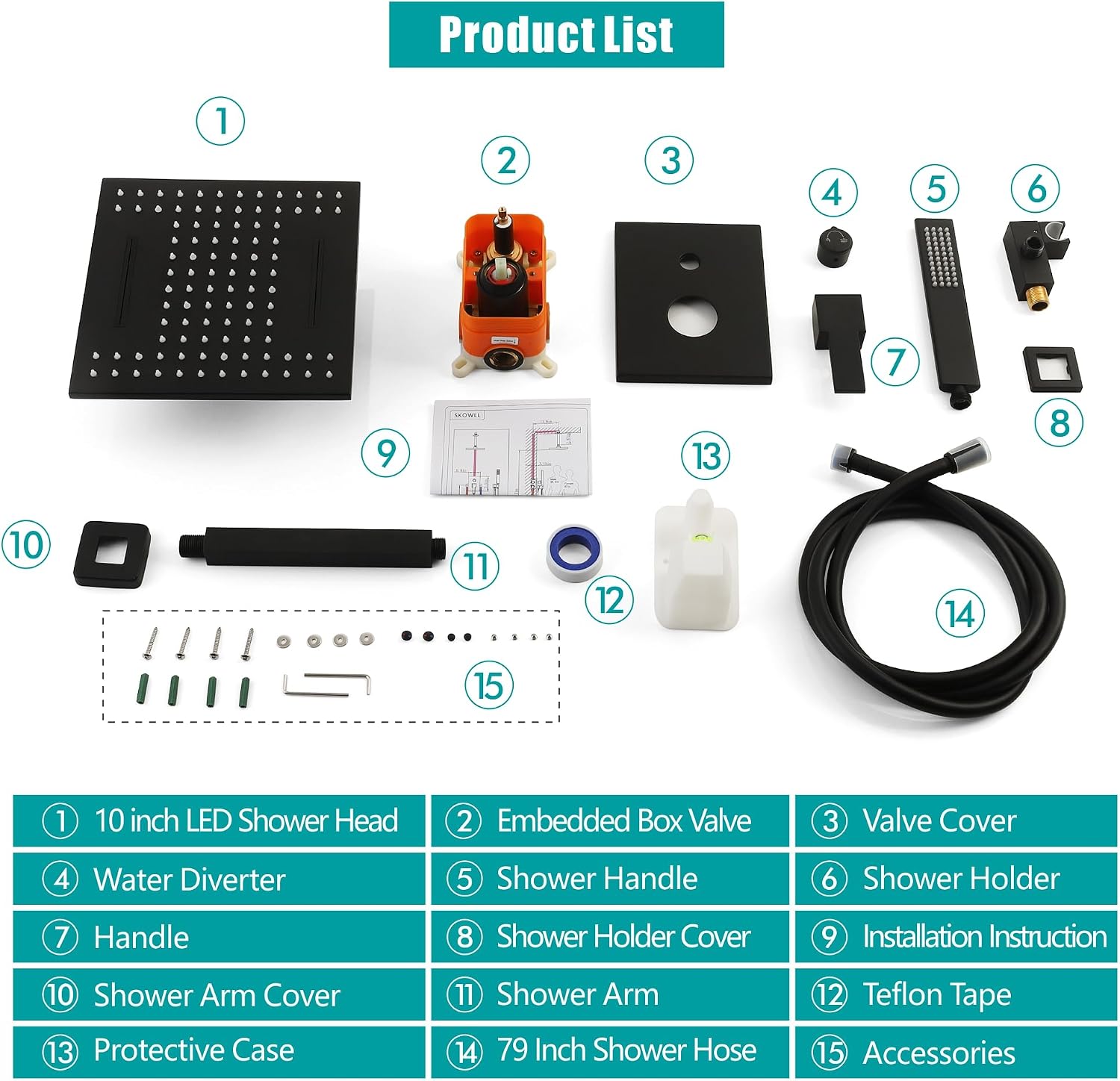 SKOWLL Ceiling Mount Shower System 10 Inch LED Rain Shower Head with Handheld, High Pressure Rainfall Bathroom Shower System Matte Black Shower Faucet Set with Rough in Valve