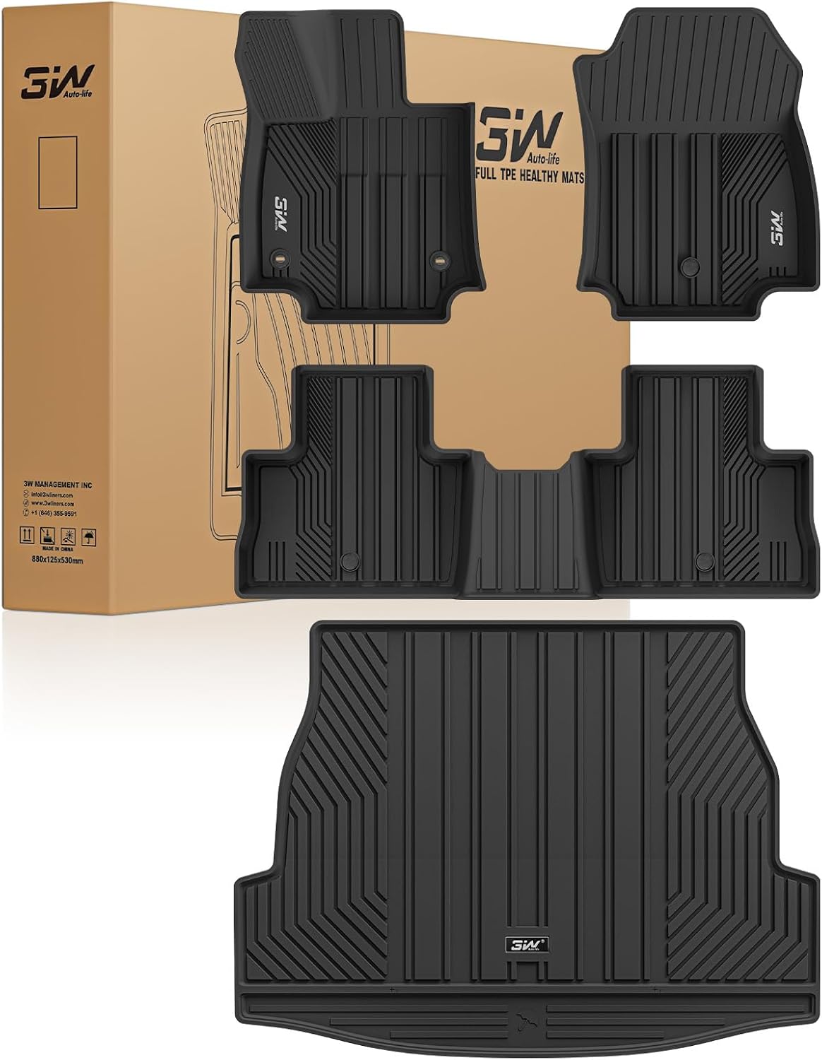 3W Floor Mats & Trunk Mat for Toyota RAV4 Hybrid/Prime/PHEV 2019-2025, TPE All Weather Custom Fit Floor Liner