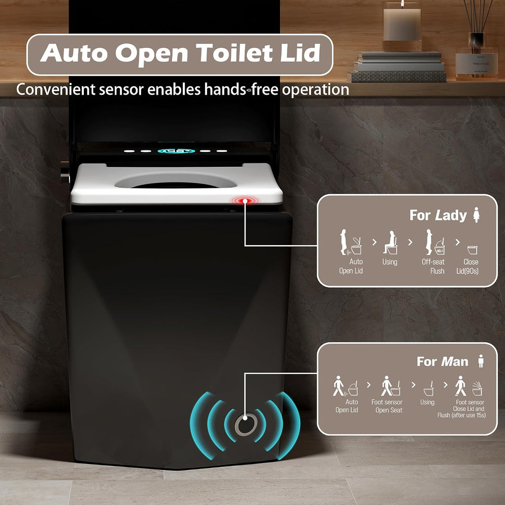WinZo Square Smart Toilet Bidet For Modern Bathroom,Diamond-shaped Sleek Design Elonagted Rectangle 17' Comfort Bowl (Black)