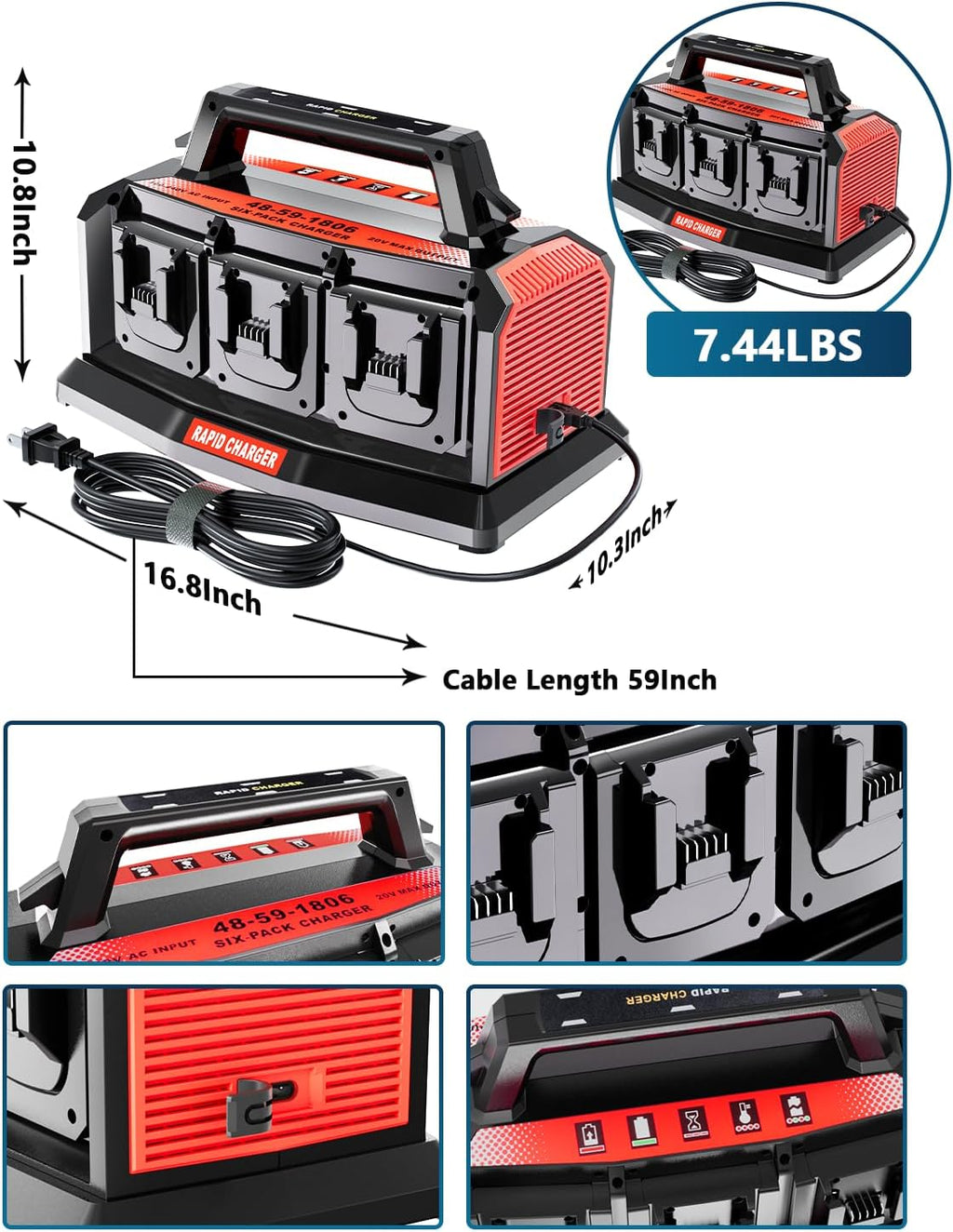 Adisipsoarin Super Battery Charger for Milwaukee M18 Battery, 6-Ports Simultaneous Rapid Charger Station Compatible with Milwaukee 18v Li-Ion Battery and Tools 48-59-1807 Charger
