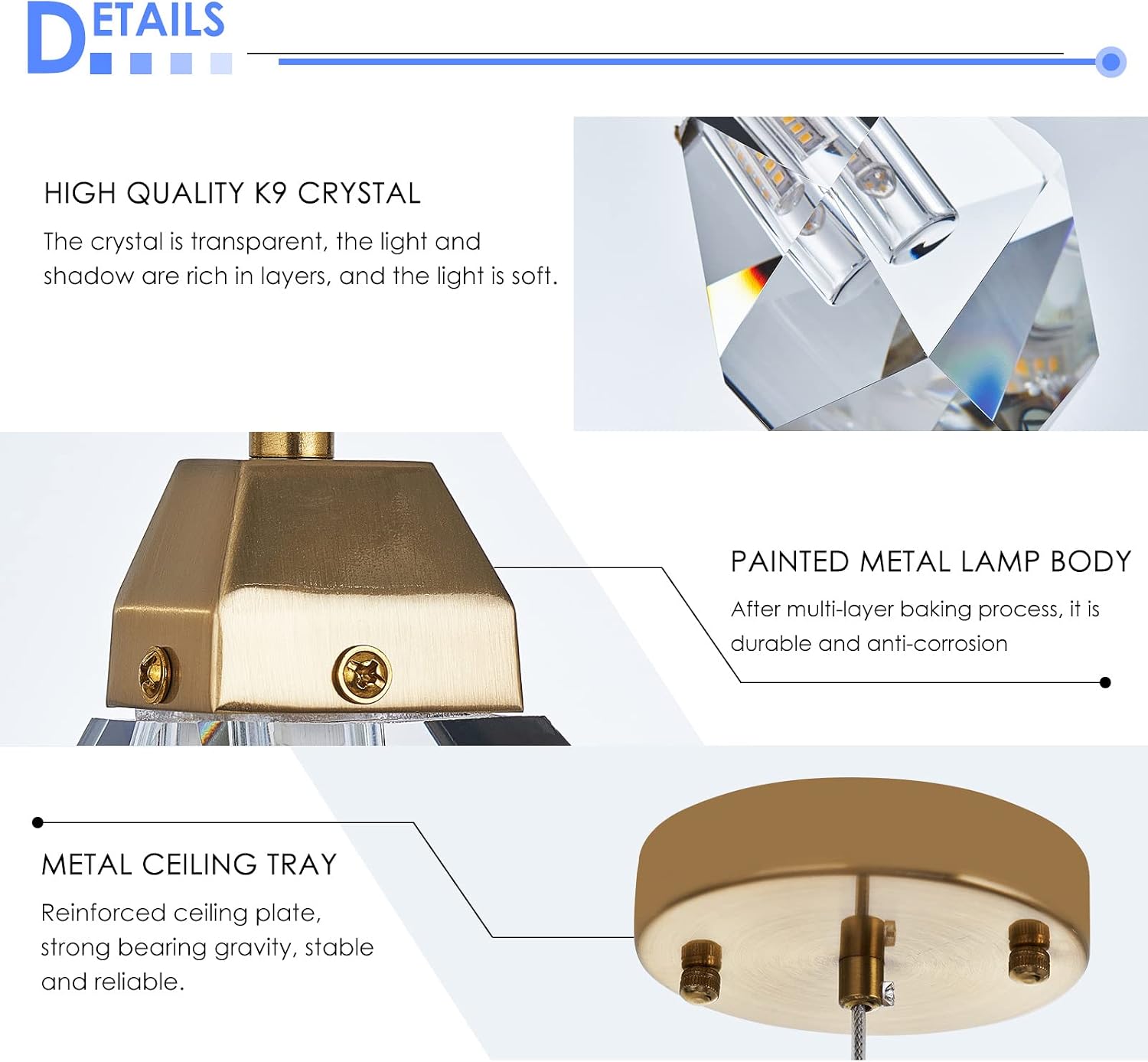 Diamond Crystal Pendant Light, 2 Pack Mini Ceiling Hanging Light in Gold Brushed Brass Finish Prism Crystal Color Changing Led Hanging Light for Kitchen Island Bathroom Bedroom Bar