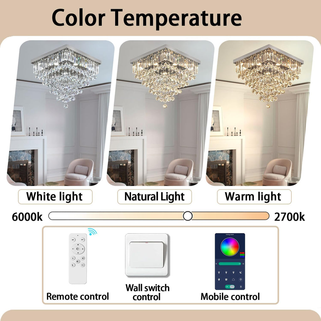 Luxury 20' Square K9 Crystal Flush Mount Chandelier, Modern Silver 6-Light LED Ceiling Light, Dimmable Chandeliers Fixture for Dining Room, Living Room, Bedroom, Entryway