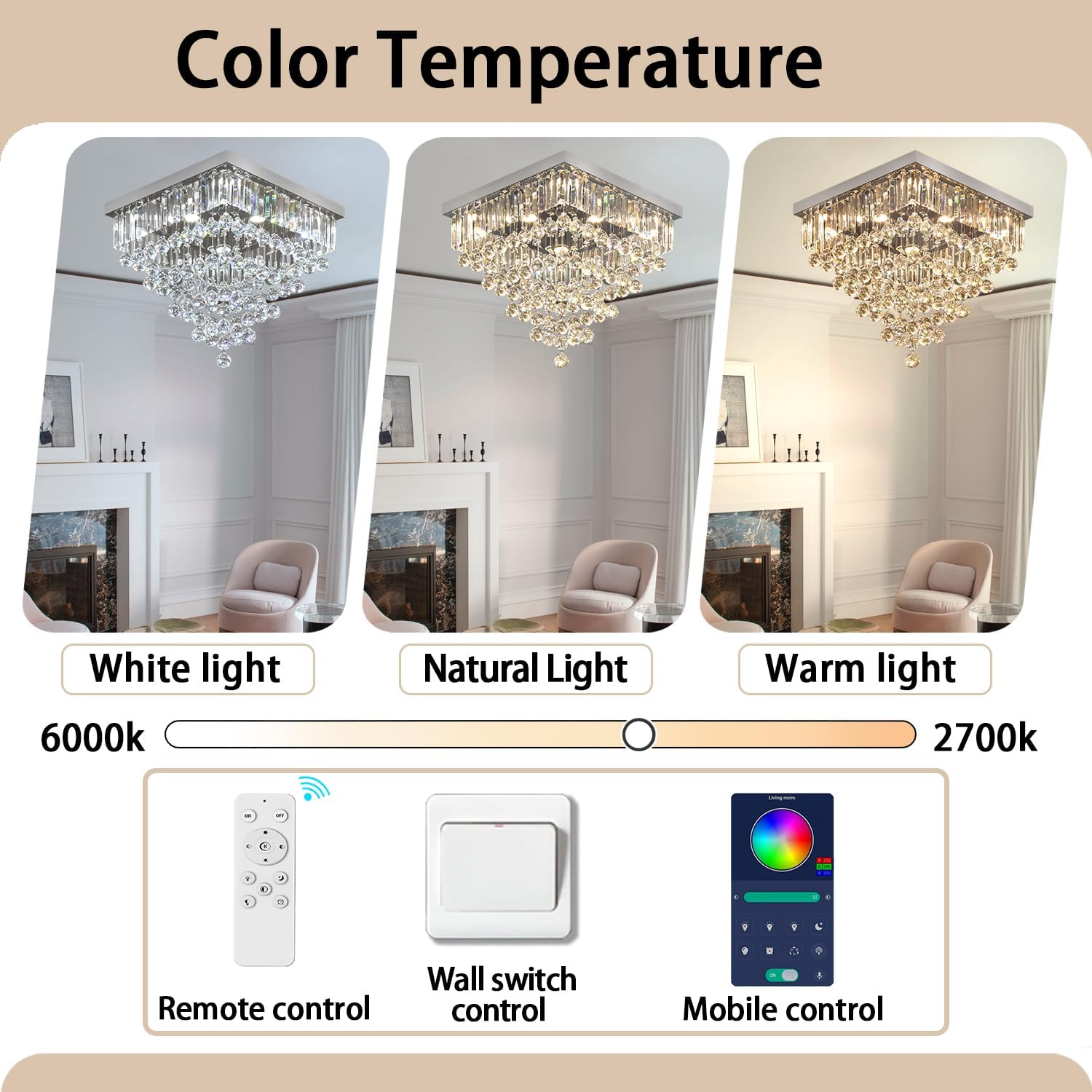Luxury 20' Square K9 Crystal Flush Mount Chandelier, Modern Silver 6-Light LED Ceiling Light, Dimmable Chandeliers Fixture for Dining Room, Living Room, Bedroom, Entryway