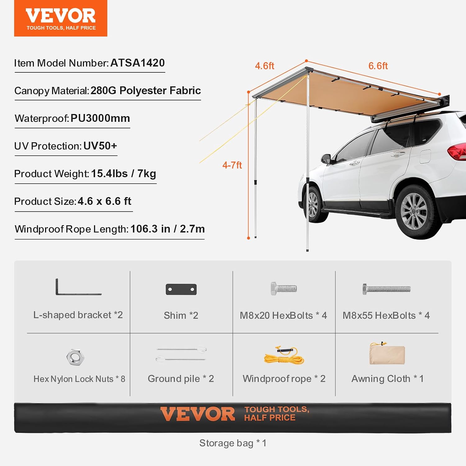 VEVOR Vehicle Awning 4.6'x6.6' Roof Rack Pull-Out Sun Shade UV50+ PU3000mm, Retractable Weatherproof 4x4 Side Awning for SUV Outdoor Camping & Overland (Hardware Included), w/Waterproof Storage Bag