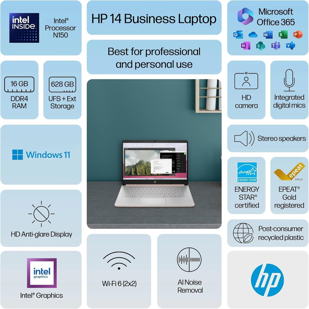 HP 14 Laptop Student Business 2025 Flagship, AI Copilot, 4-Core 13th Gen Intel CPU, 16GB RAM, 128GB UFS Storage, 1-Yr Office 365, Long Battery, Win 11S Rose Gold