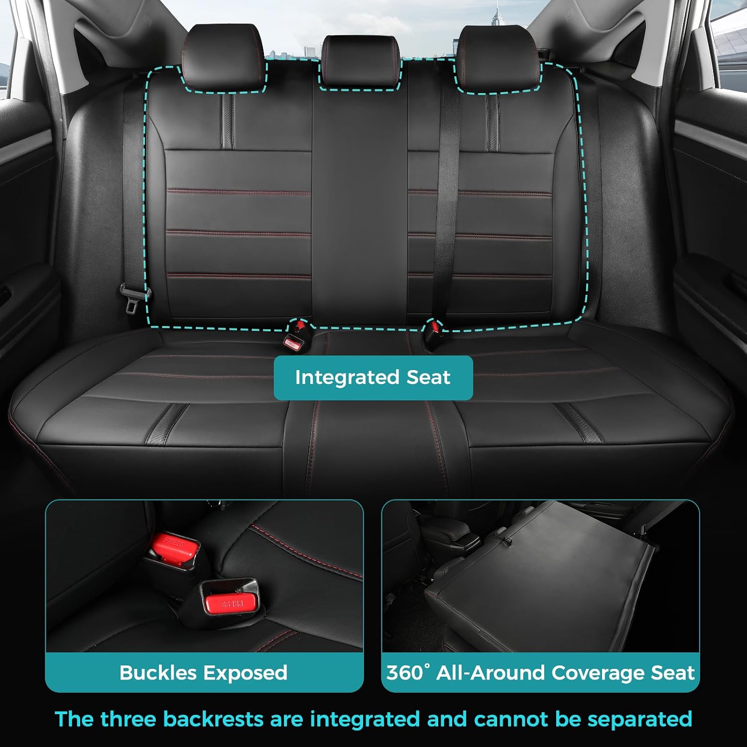 Seat Covers for Honda Civic Sedan LX 2016 2017 2018 2019 2020 2021, Faux Leather Car Seats Cover Full Set Waterproof, Black Red Line (Solid Rear Seatback - No Rear Armrest)