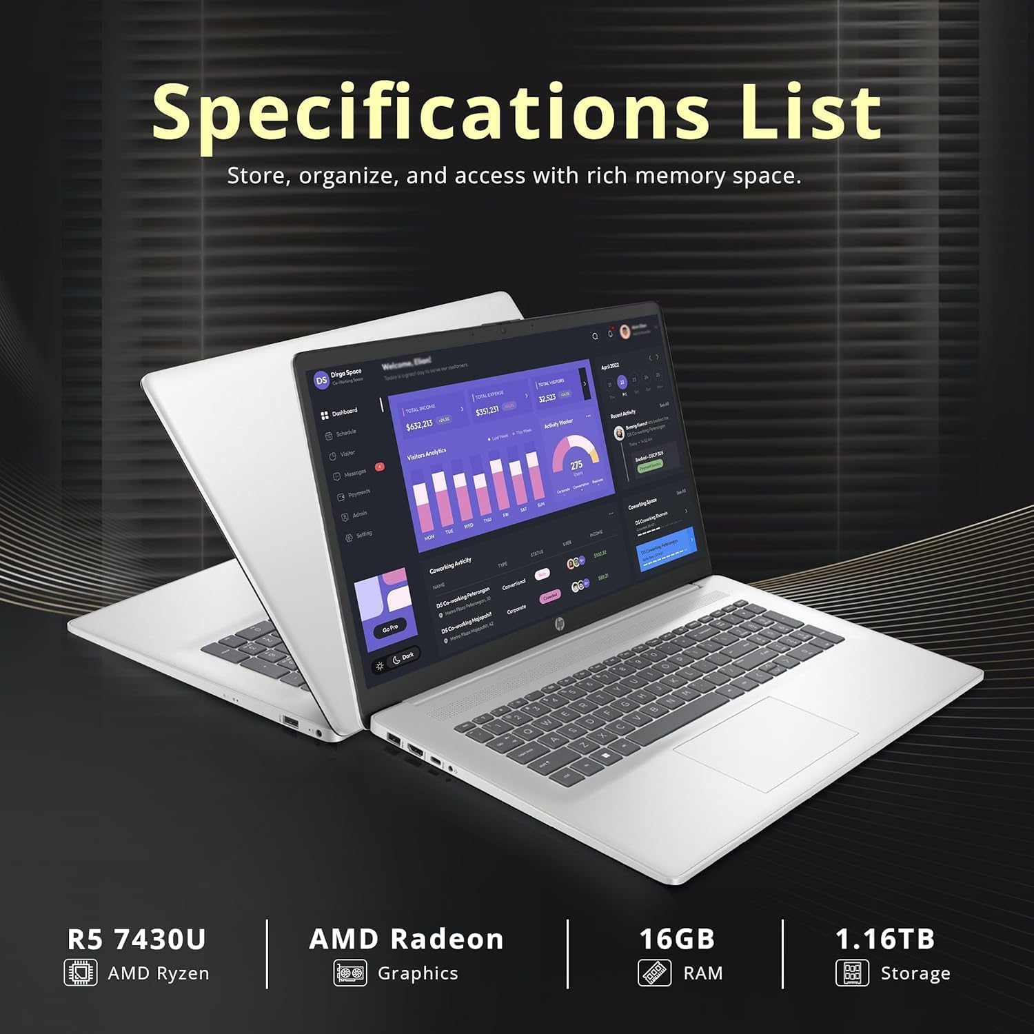 HP 17.3' Business Laptop Computer - with Office Lifetime License & External CD/DVD Drive, 17.3 inch FHD Display, Win 11 Pro, AMD 6-core Ryzen 5 7430U, 64GB RAM, 2TB SSD, Webcam, Wi-Fi 6