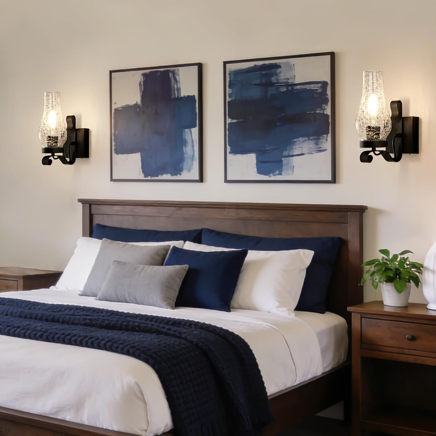 Battery Operated Wall Sconces, Ice Crackle Glass Lampshade Rustic Wall Lights, Non-Hardwired Antique Kerosene Wall Lamps, Vintage Bedside Black Wall Sconces Sets of 2 for Bedroom, Hallway etc