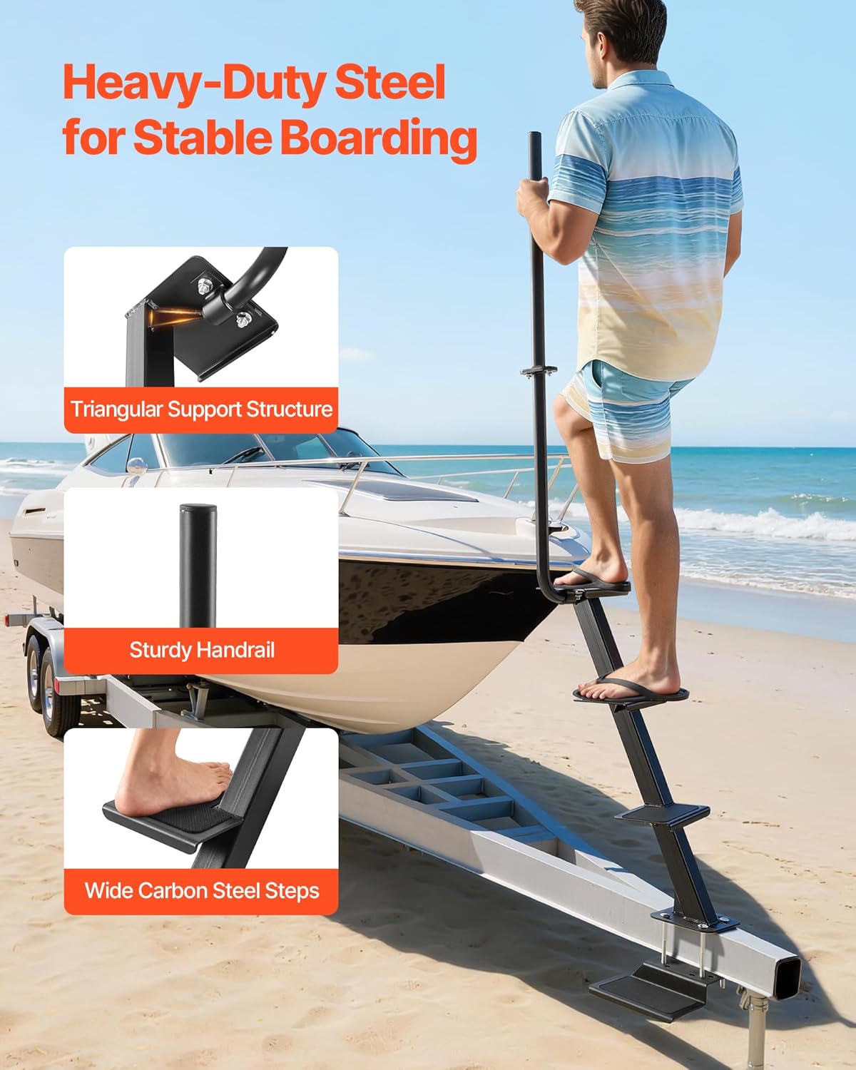 VEVOR Boat Trailer Steps, 4-Step, Heavy-Duty Boat Trailer Steps with Handle, Non-Slip Surface, 3 Mounting Angle Options, Carbon Steel Ladder Suitable for 3' x 3'/3' x 5'/4' x 4' Frame, Bottom Mounting