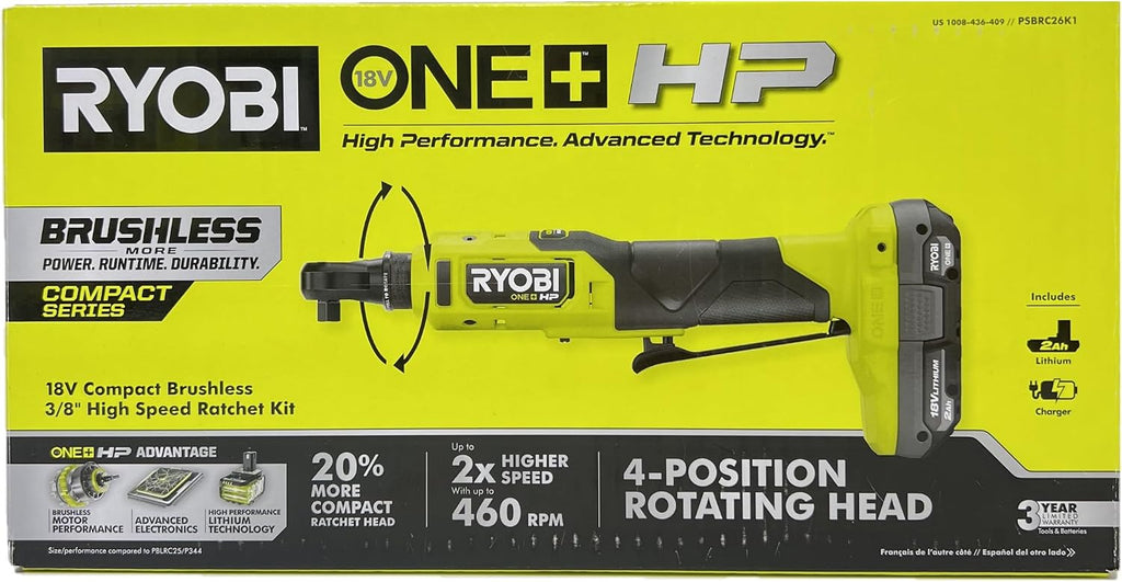 RYOBI ONEAND 18V HP BRUSHLESS Cordless 3/8 in. HIGH Speed Ratchet KIT with 2.0 AH Batter | PSBRC26K1