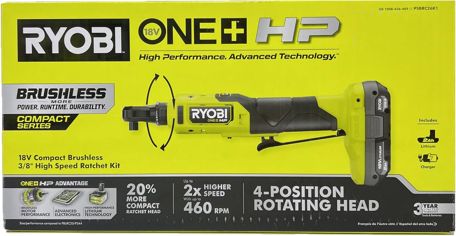 RYOBI ONEAND 18V HP BRUSHLESS Cordless 3/8 in. HIGH Speed Ratchet KIT with 2.0 AH Batter | PSBRC26K1