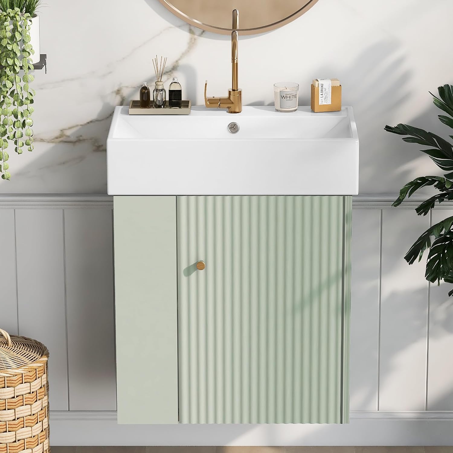 21.6-inch Bathroom Vanity with Sink, Wall-Mounted Vanity Cabinet with Storage Cabinet & Left Two-Tier Shelf, Solid Wood Bath Organizer with Ceramic Sink for Bathroom, Green