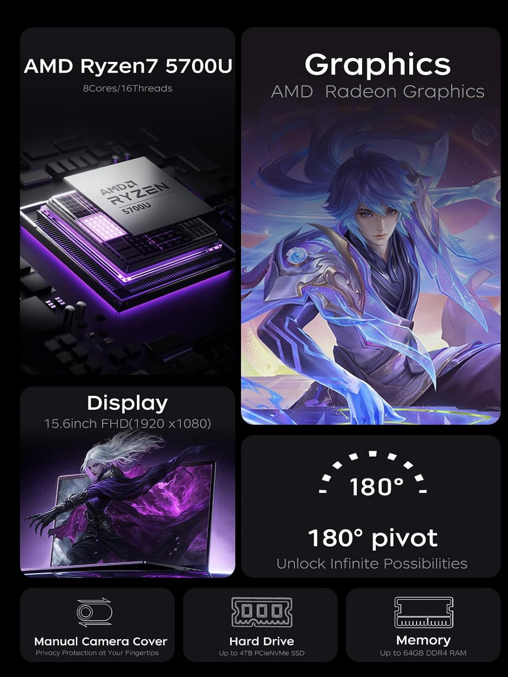 MALLRACE 2025 Gaming Laptop with AMD Ryzen7 5000 Series(Up to 4.3GHZ,8C/16T),AMD Radeon Graphics,16GB DDR4x2 512GB SSD Notebook Computer with Numeric Keyboard,15.6 inch IPS Display,WIFI6,Type-C