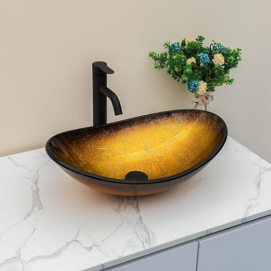 Sarlai Bathroom Vessel Sink Modern Artistic Tempered Glass Basin Countertop Bowl Sink for Lavatory Vanity Cabinet