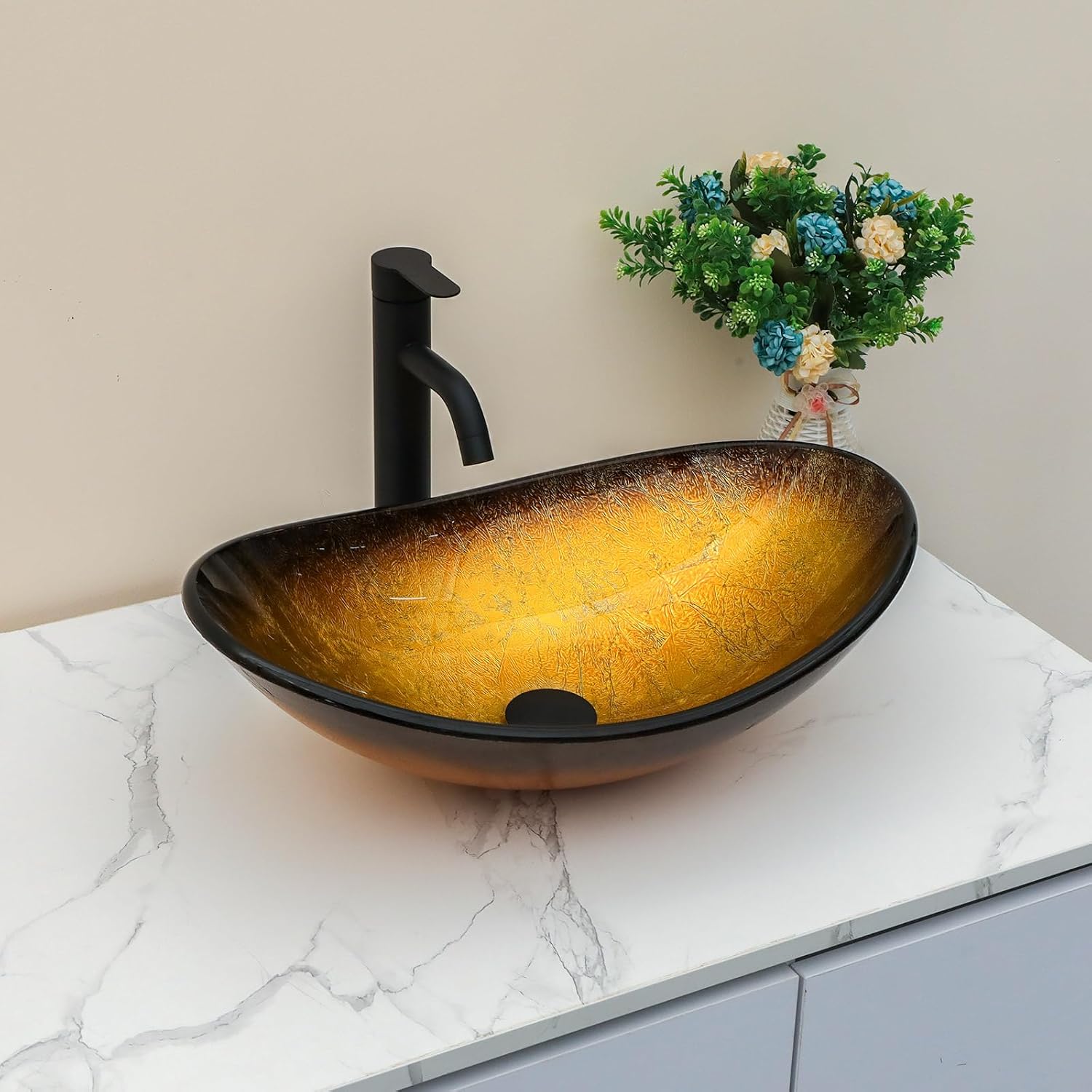 Sarlai Bathroom Vessel Sink Modern Artistic Tempered Glass Basin Countertop Bowl Sink for Lavatory Vanity Cabinet
