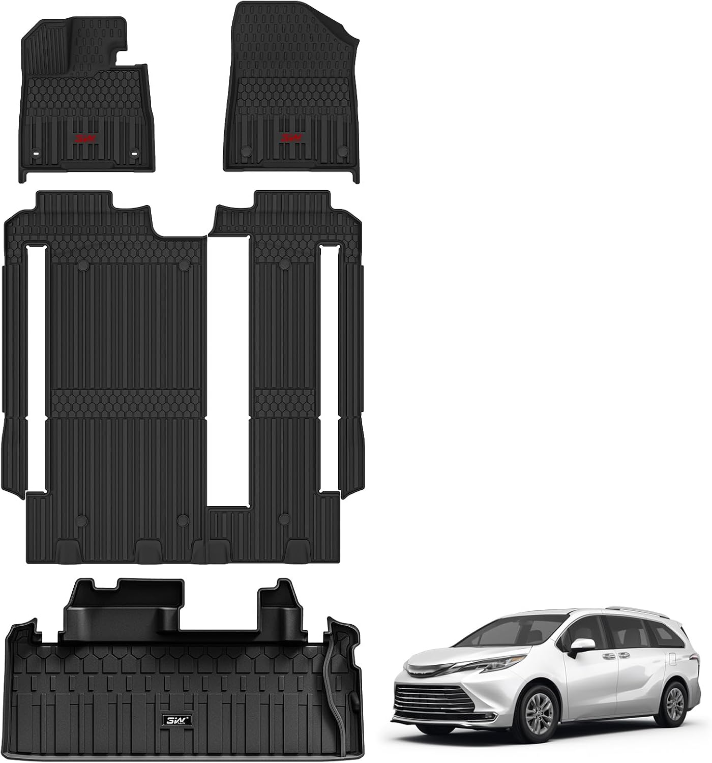 3W Floor Mats&Trunk Mat Fit Toyota Sienna 2021-2026 LE/XLE(Only for 8 Seat), TPE All Weather Custom Fit Floor Liner for Sienna 1st, 2nd and 3rd Row &Cargo Liner, Black with Red Accent
