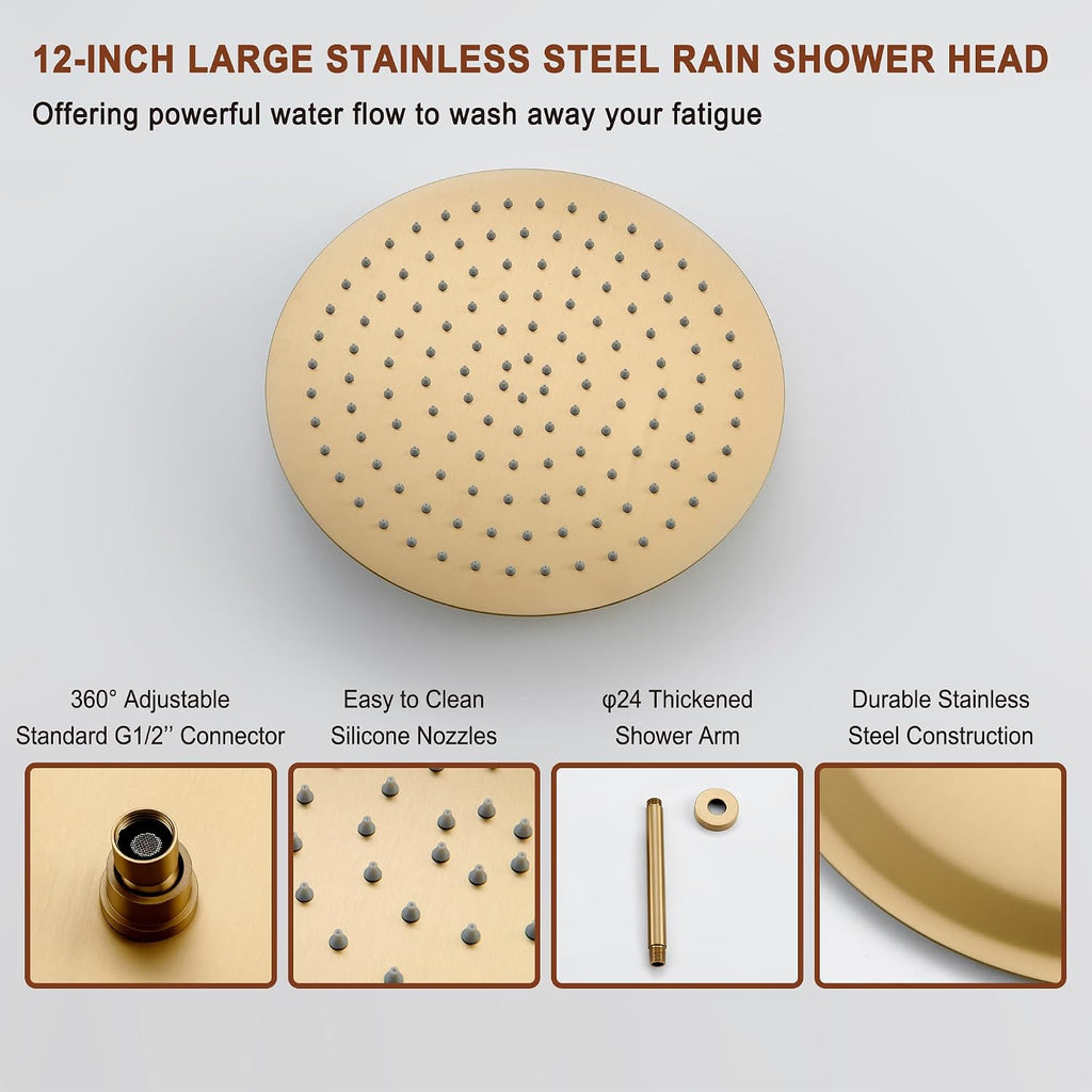 MONDAWE 12 Inch Ceiling Mounted Brushed Gold Shower System, 3-Functions Shower Faucet Set with Rainfall Dual Shower Head and High Pressure Handheld Spray, All Function Can be Used At the Same Time