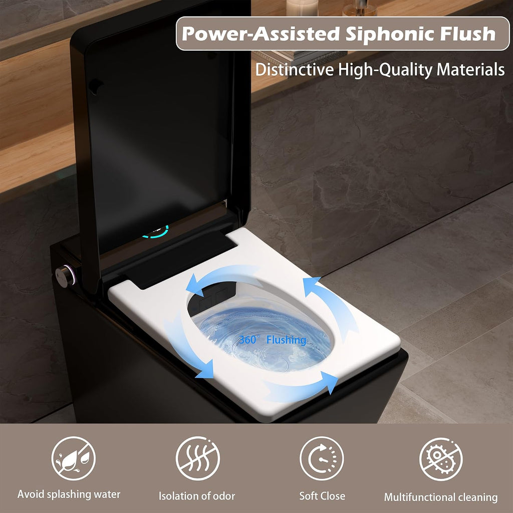 WinZo Square Smart Toilet Bidet For Modern Bathroom,Diamond-shaped Sleek Design Elonagted Rectangle 17' Comfort Bowl (Black)