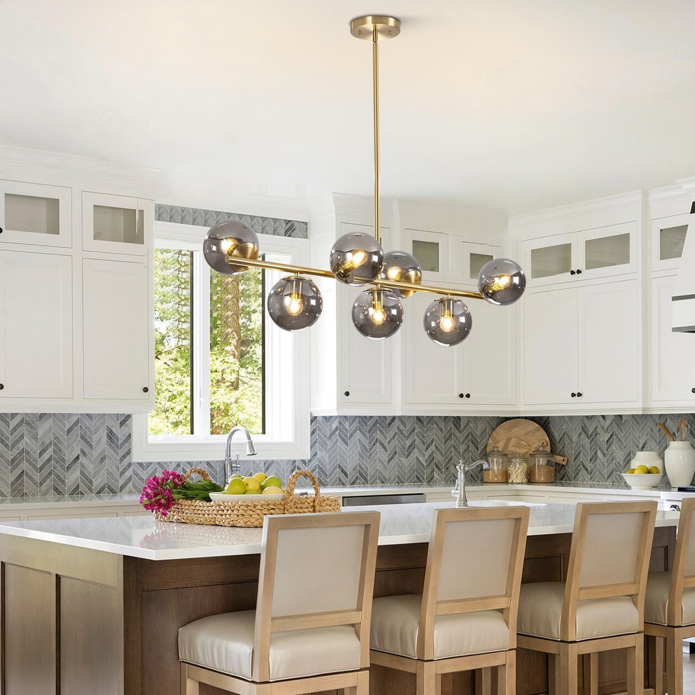 KCO Mid Century Modern 7 Light Brass Gold Linear Sputnik Chandelier | 31.5' Rod for Sloped Ceiling 7W 3000K E26 Bulb Included, Smoke Gray Glass Globe Pendant Light Fixture for Kitchen Dining Room